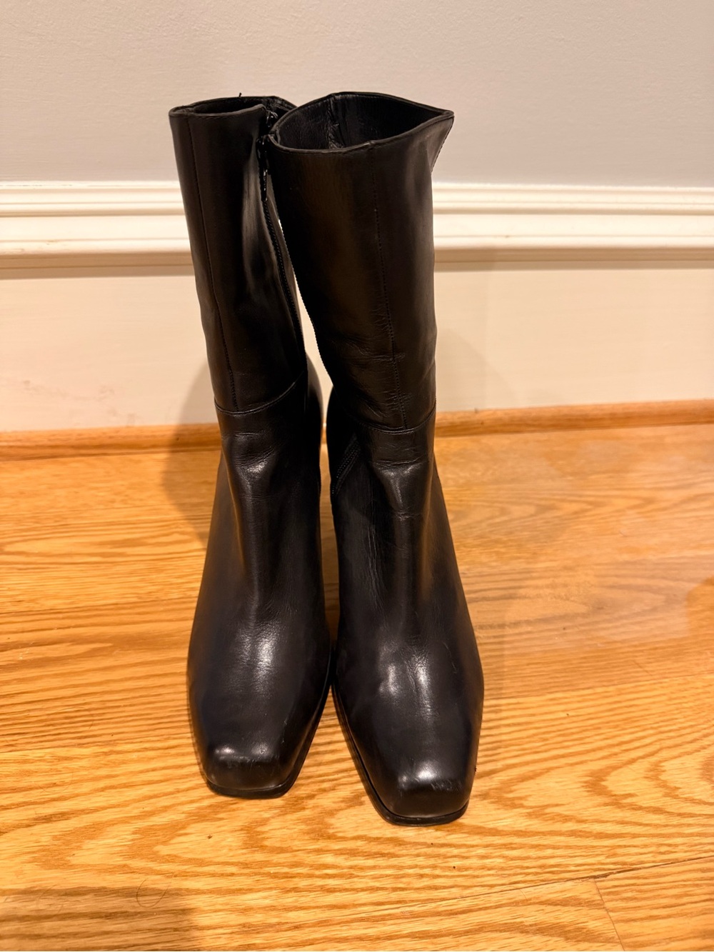 Stuart Weitzman Black Leather Mid-Calf Square-Toe Boots
